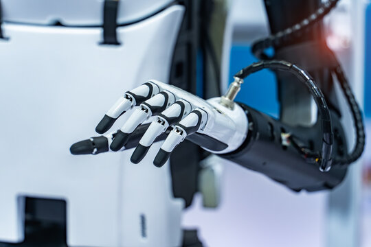 Artificial robotic hand at the presentation of robotics.Creation of artificial intelligence