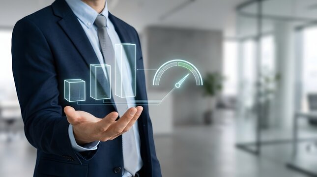 Business professional holding a digital holographic bar chart and speedometer in a modern office environment
