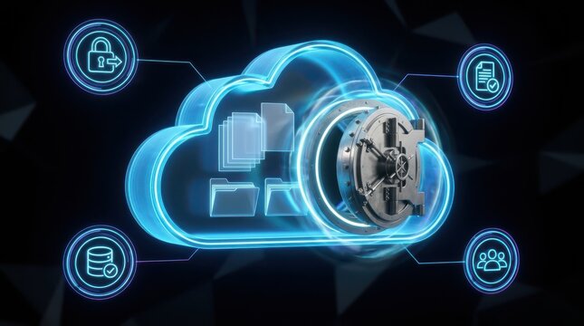 Secure cloud computing data storage concept featuring glowing neon vault door protecting digital files folders and network cybersecurity symbols