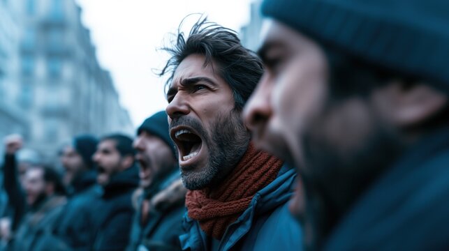 Une manifestation avec des personnes de profil criant, le visage rempli de col&egrave;re et de d&eacute;termination &agrave; l'occasion d'une journ&eacute;e de mobilisation organis&eacute;e par des syndicats.