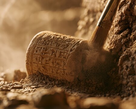 archaeological excavation close up brush cleaning ancient clay cylinder artifact cuneiform script writing historical discovery research archaeology site history mystery antique craft detail zoom
