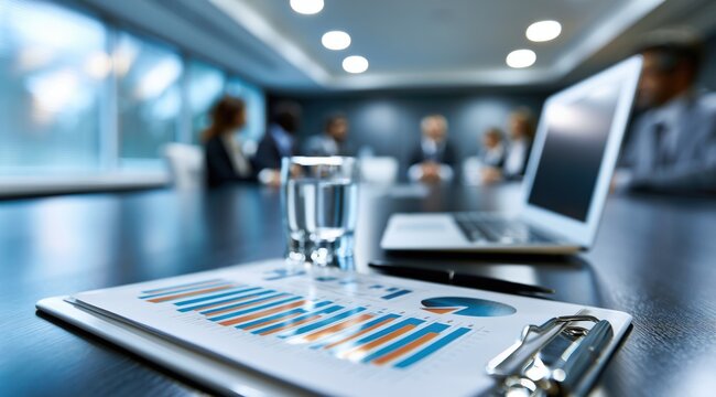 Une r&eacute;union professionnelle dans les bureaux d'une entreprise avec un bloc-notes, un verre d'eau et un ordinateur portable pos&eacute;s sur la table au premier plan et des personnes floues en arri&egrave;re-plan.