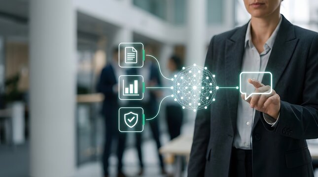 Businessman interacting with digital interface showing data security and financial growth icons in office