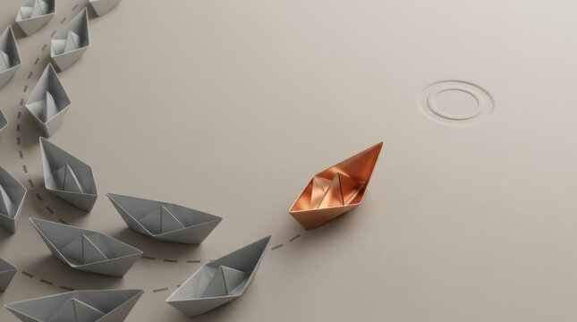 Unique copper paper boat leading a fleet of ordinary grey vessels representing corporate leadership vision innovation and out of the box strategy