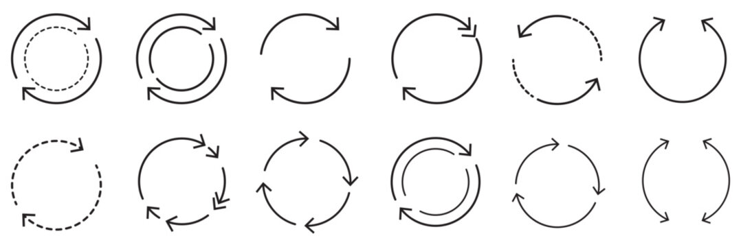 arrows icons, set icon of two arrow spin, repeat or return, double reverse, circle refresh or restart, arrow line vector with editable stroke