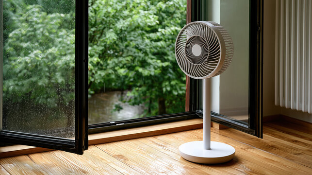Ventilateur au design moderne dans un appartement avec parquet au sol, radiateur au mur, fen&ecirc;tre ouverte avec vue sur v&eacute;g&eacute;tation ext&eacute;rieure par une m&eacute;t&eacute;o pluvieuse.