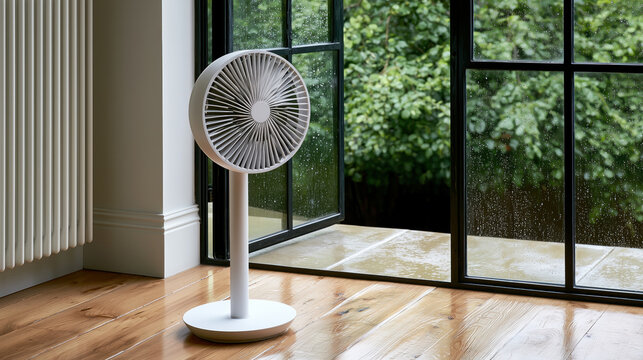 Un ventilateur sur pied blanc au design moderne avec un socle rond et une grille de protection en spirale circulaire dans une maison avec parquet, fen&ecirc;tre ouverte avec vue sur v&eacute;g&eacute;tation ext&eacute;rieure.