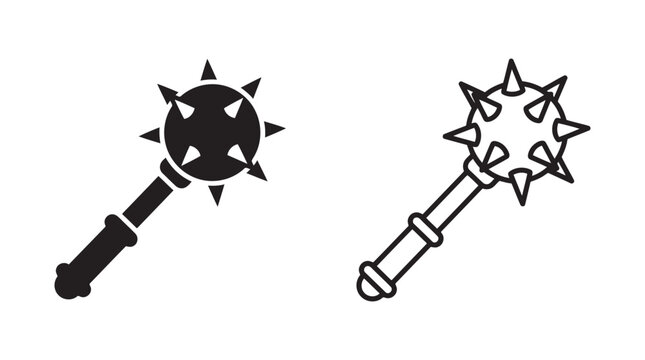 Medieval spiked mace weapon silhouette and outline icons with medieval crushing fighting equipment defensive
