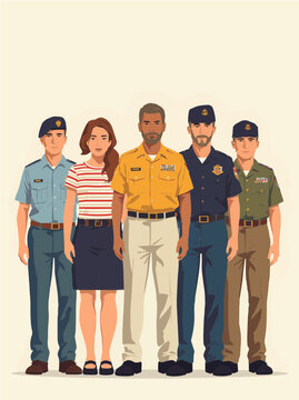 A diverse group of five professionals standing together, including military personnel, a police officer, and a civilian, representing various careers.