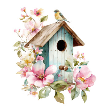 A yellow bird perches on top of a blue birdhouse amidst pink flowers in a garden. Springtime colors are vibrant
