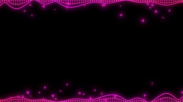 Neon pink wavy lines and glowing particles form a decorative frame on a black background.