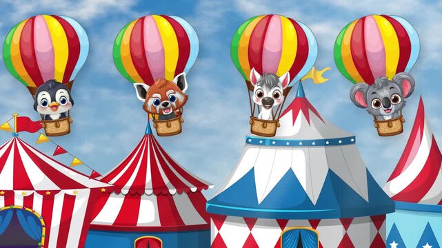 Cartoon Animals in Hot Air Balloons Floating Over Circus Tents