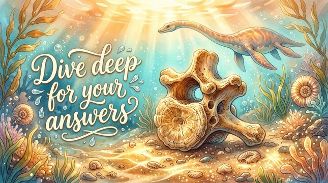 Watercolor illustration of an ancient underwater scene with a plesiosaur fossil, ammonites, and marine plants, featuring the text 'Dive deep for your