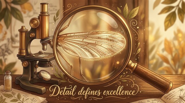 Vintage microscope and magnifying glass revealing intricate details of an insect wing, symbolizing science and discovery.