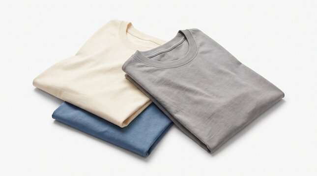 Folded t-shirts in cream, gray, and blue on white background