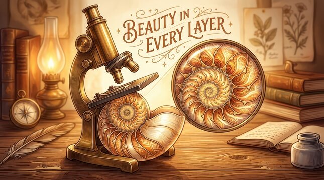 Vintage microscope and nautilus shell fossil revealing layers of nature's beauty, historical and scientific discovery