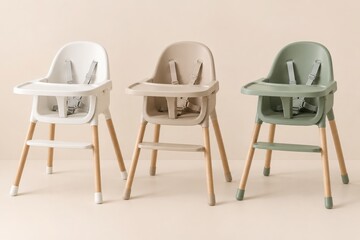 Obraz premium Three Modern Baby High Chairs in Neutral Colors