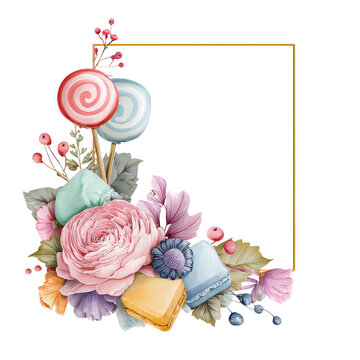 A group of flowers and candies is arranged together for decorations