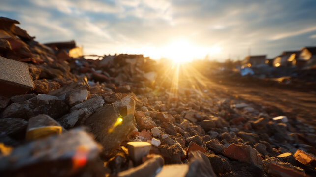 Trash piles and debris sit under the sun at a construction site in the evening light showing signs of urban development and material waste