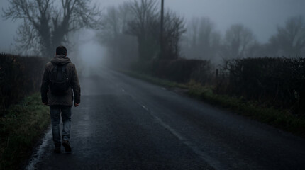 Obraz premium A lone traveler walks along a dark country road wrapped in thick morning fog