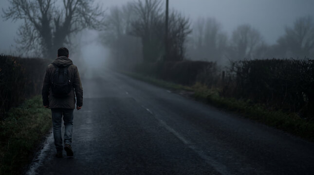 A lone traveler walks along a dark country road wrapped in thick morning fog