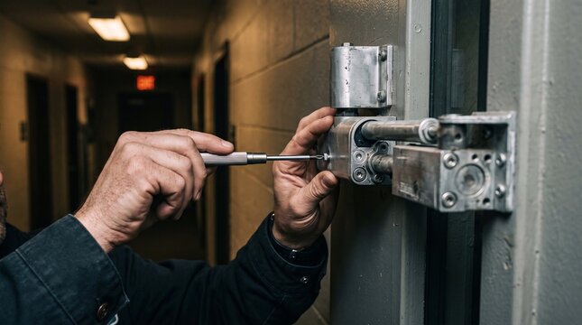 Locksmith adjusting commercial hydraulic door closer mechanism with precision tool. Specialist performing property upkeep and building entrance hardware maintenance in corridor.