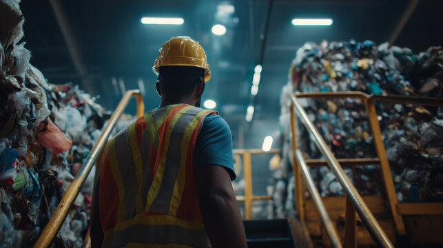 Worker walks through a recycling facility in a busy industrial area during daytime while observing large piles of sorted materials
