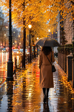 A woman walks down a wet city street, shielding herself with an umbrella. The woman is wearing a long, tan coat and has long, dark hair.
