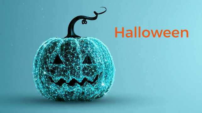 Halloween card, background with a digital pumpkin on blue background, 