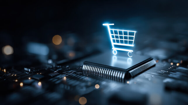 The shopping cart is visible above a circuit board with glowing details in a tech setting, showcasing the concept of online shopping and digital transactions