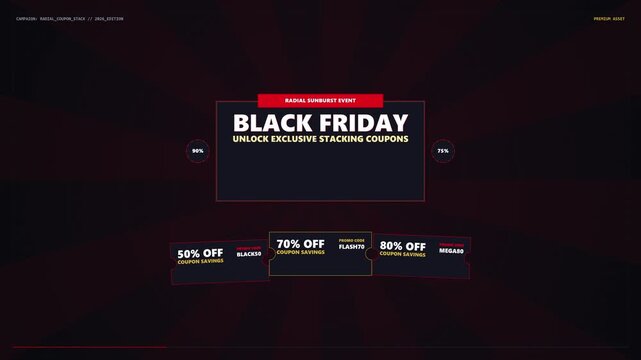 Dark geometric promotion background featuring cascading floating badges and discount price tags