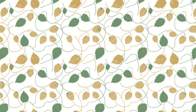 Delicate seamless pattern of climbing green hop leaves and golden cones on a clean and bright white background.