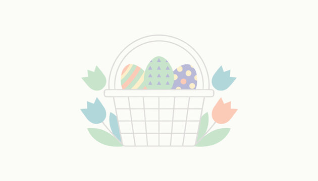 Pastel Easter basket filled with decorated easter eggs and surrounded by colorful spring tulips on a light background.