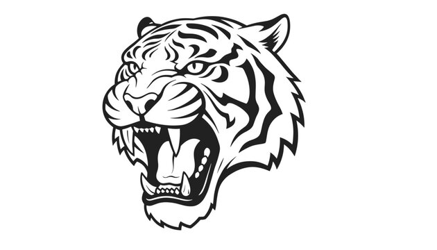 Powerful roaring tiger head in black and white hand drawn style, isolated on a plain white background.