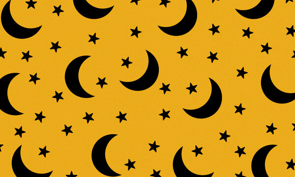 Seamless pattern with black crescent moons and stars on a textured mustard yellow background