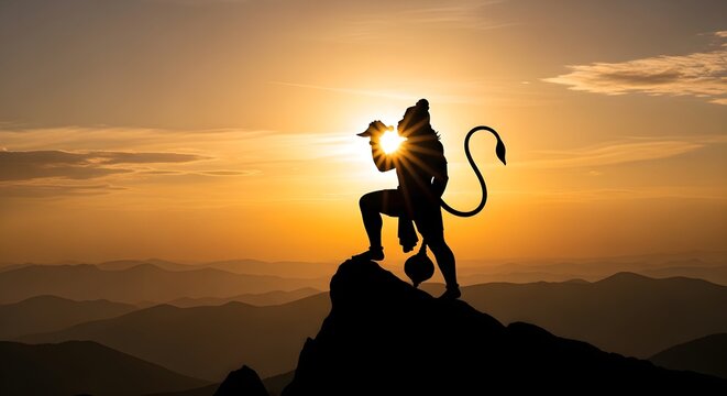Hanuman Jayanti spiritual artwork with Lord Hanuman silhouette standing on mountain peak during golden sunrise, holding sacred gada mace, representing Hindu devotion, strength, courage, faith