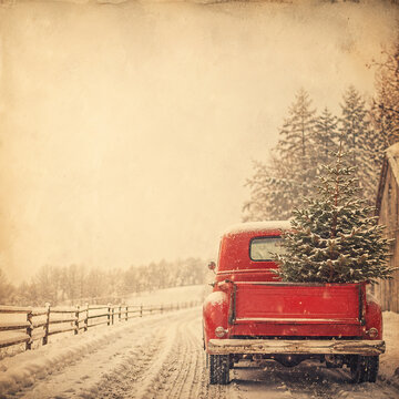 A vintage red pickup truck parked on a snowy road. The primary action is the loading of a large evergreen tree into the bed of the pickup truck.