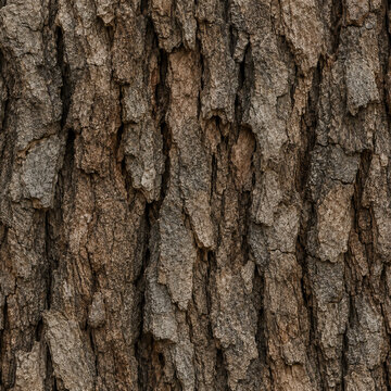 A close-up captures the intricate texture of rough, brown tree bark.