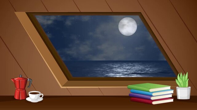 Animated Night Sky and Full Moon View Through Attic Window