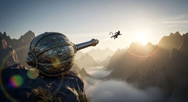 Hanuman Jayanti spiritual scene with Lord Hanuman gada weapon on mountain landscape during sunrise, representing Hindu mythology, devotion, strength, courage, and divine protection concept