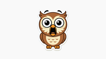 Fototapeta premium A cartoon-style brown owl with wide, surprised eyes and an open beak on a plain white background