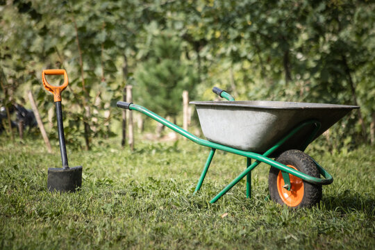 Garden scene with  wheelbarrow and wooden posts in a grassy field, outdoor work area.