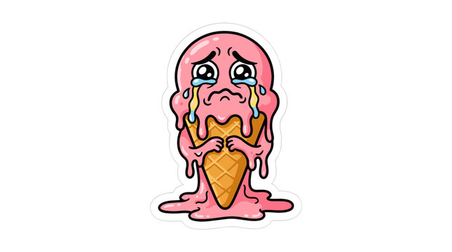 A cartoon illustration of a sad, melting pink ice cream cone character crying against white background