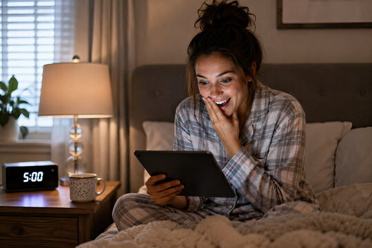 A woman sits on a bed in a darkened bedroom, holding a tablet and smiling with delight. A bedside table contains a digital alarm clock displaying 5:00. Black Friday shopping concept