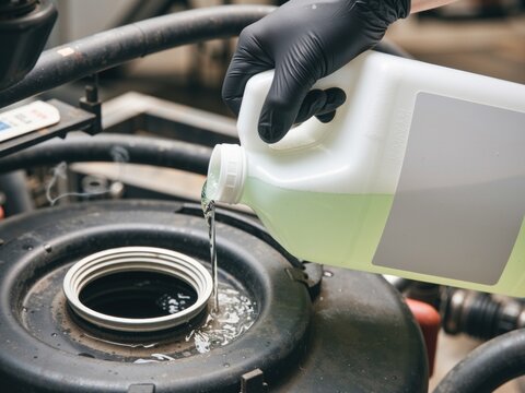 Mechanic in a black nitrile glove pouring green coolant into an engine reservoir