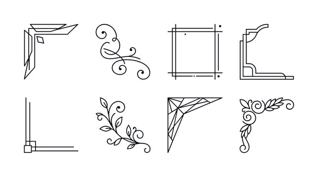 A collection of eight diverse black and white line art border and corner design elements on white