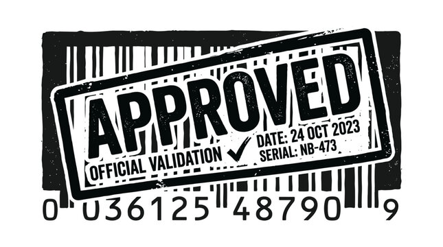 A black and white stamp overlaying a barcode, displaying "APPROVED" and official validation text