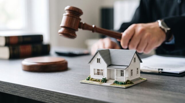 Judge striking wooden gavel beside house model on courtroom desk. Magistrate resolving property dispute and insurance claim during legal settlement.