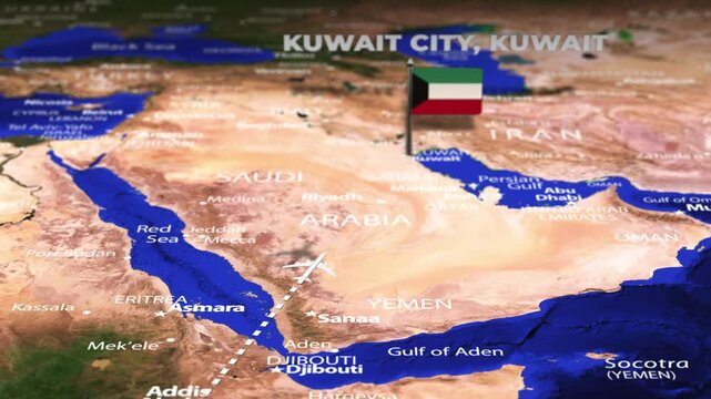 Flight From Nairobi KENYA to Kuwait City KUWAIT with flag pins