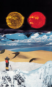 A female mountaineer reached the summit of a complex mountain range, observing the entire landscape with its diverse climates, and she was startled to see two suns.